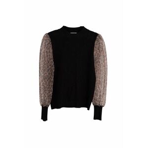 Sioni Leopard Print Sheer Sleeve Mock Neck Sweater Black Size Large MSRP $88